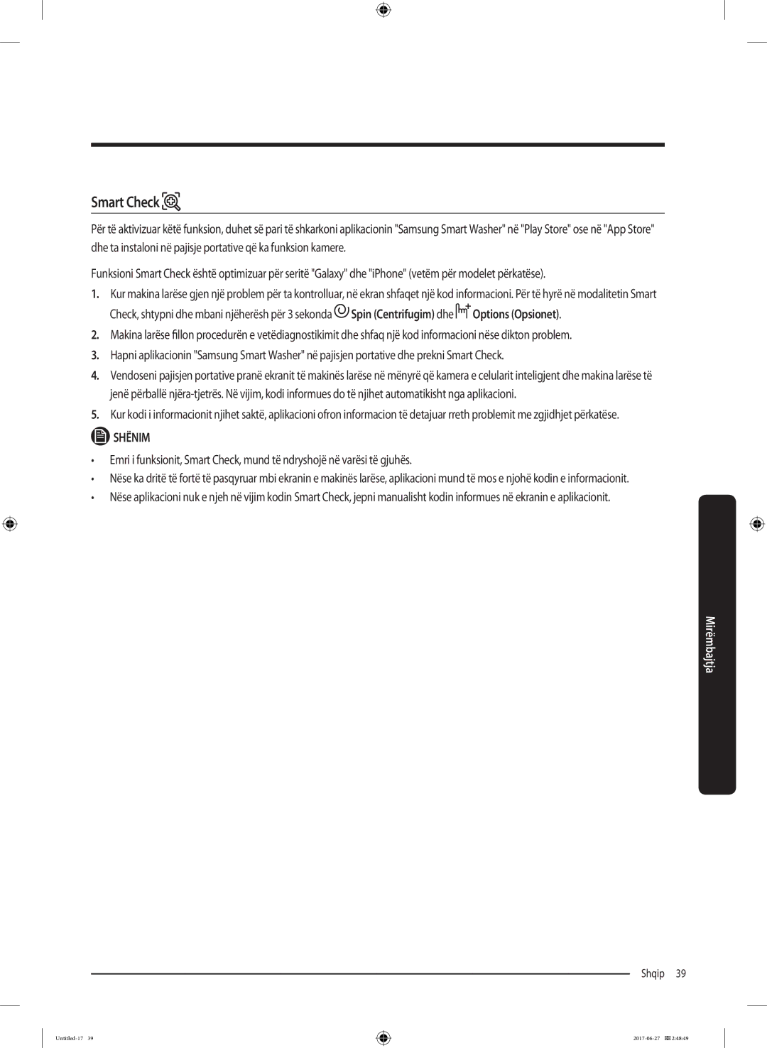 Samsung WW80J5355MW/AD, WW70J5355MW/AD manual Shqip 39  